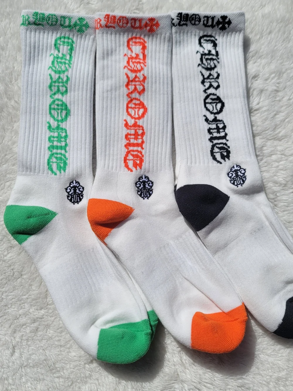 Chrome Hearts White Crew Socks with Green, Orange & Black Accents